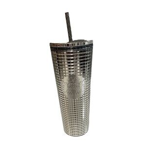 STARBUCKS  2023 Holiday Metallic Mirror Silver Grid Venti Tumbler 24 oz